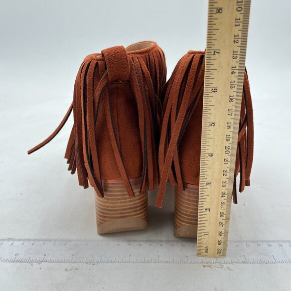 YDN Brown Ankle High Boots with Tassels Round Toe Block Heel Booties Shoes - Picture 5 of 7